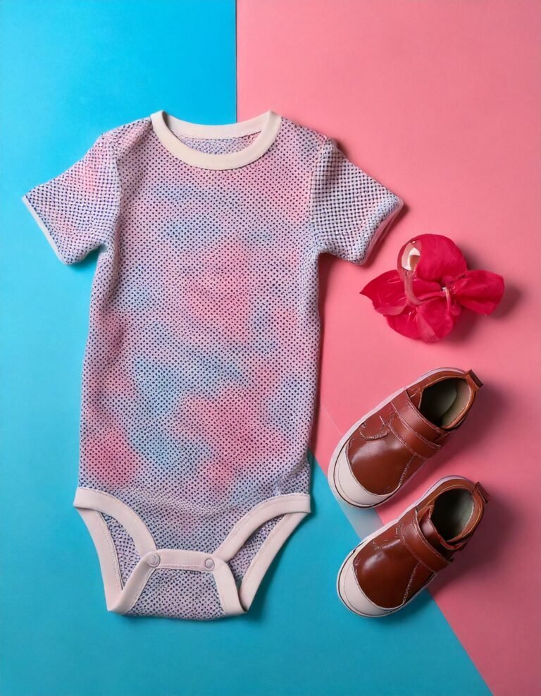 Firefly kids bodysuits and shoes on a blue and pink background; the view from the top 12401